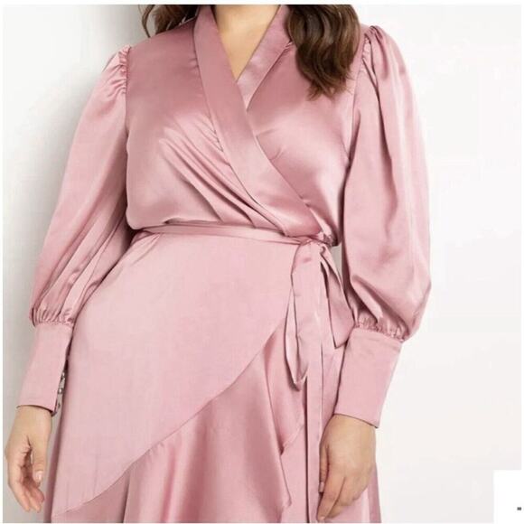 Eloquii Rose Satin Wrap Midi Dress - Picture 3 of 13